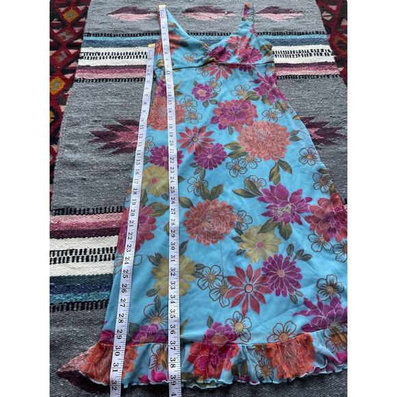 Y2K Vintage California Concepts Tropical Floral Aqua Midi Dress Ruffle Hem Sz S - Picture 15 of 15